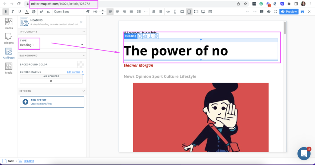 Where to find Headings 1 in Universal App (Typeloft)